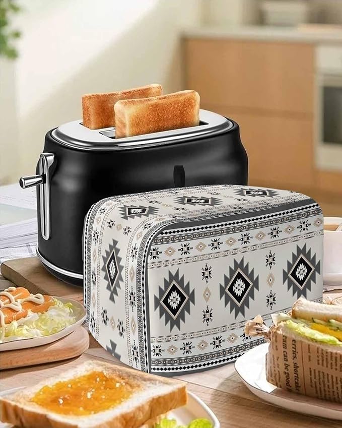 Gray Beige Boho Toaster Cover 2 Slice, Ethnic Tribe Vintage Dustproof Bakeware Oven Protector with Top Hook, Southwestern Waterproof Small Kitchen Appliance Toasters Dust Cover, 12"x7.5"x8"