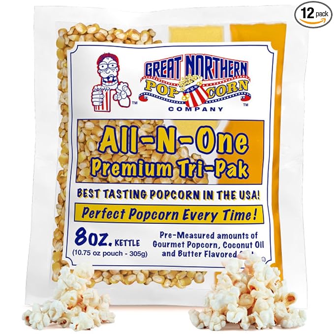 Movie Theater Style 12-Count Popcorn Packs - Pre-Measured 8-Ounce All-in-One Kernel, Salt, Oil Packets for Popping Machines by Great Northern Popcorn