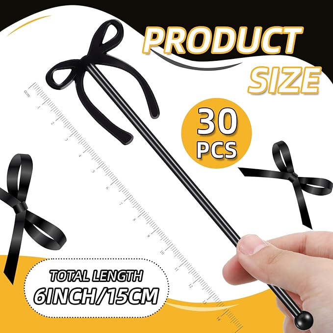 SiliFine 30 Pcs 6 Inch Party Drink Stirrers, Bow Stir Sticks Coffee Stirrers Reusable Plastic Swizzle Sticks for Wedding Birthday Bridal Cocktail Decorations Galentines Supplies(Black)