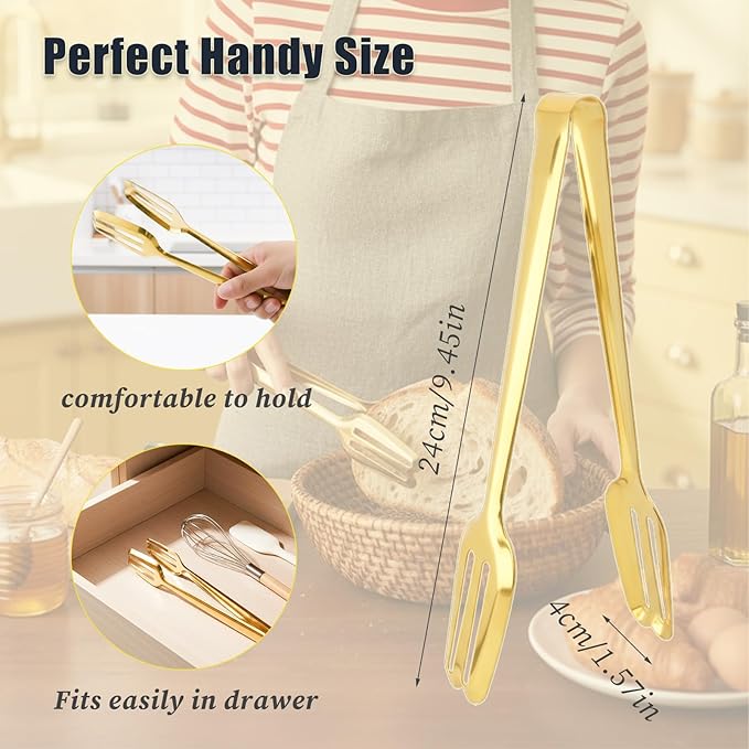 6 Pack Gold Serving Tongs 9 Inch Duty Durable Metal Food Tong, Stainless Steel Tongs for Serving Food, Weddings Parties Family Gatherings Kitchen Cooking Serving Clip