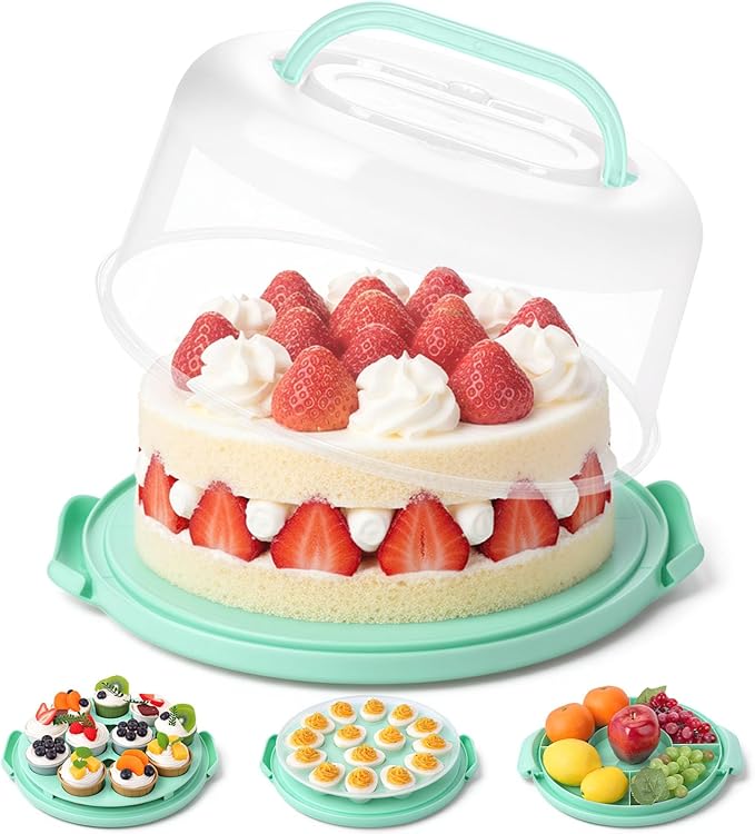 HANSGO Cake Carrier with Lid and Handle, Extra Deviled Egg Containers, Cake Holder for 10 inch Cakes with 2 Handles, 11 Capacity Cupcake Carrier, Two Sided Base for Nuts, Fruits, Muffins, Pies, Pizza