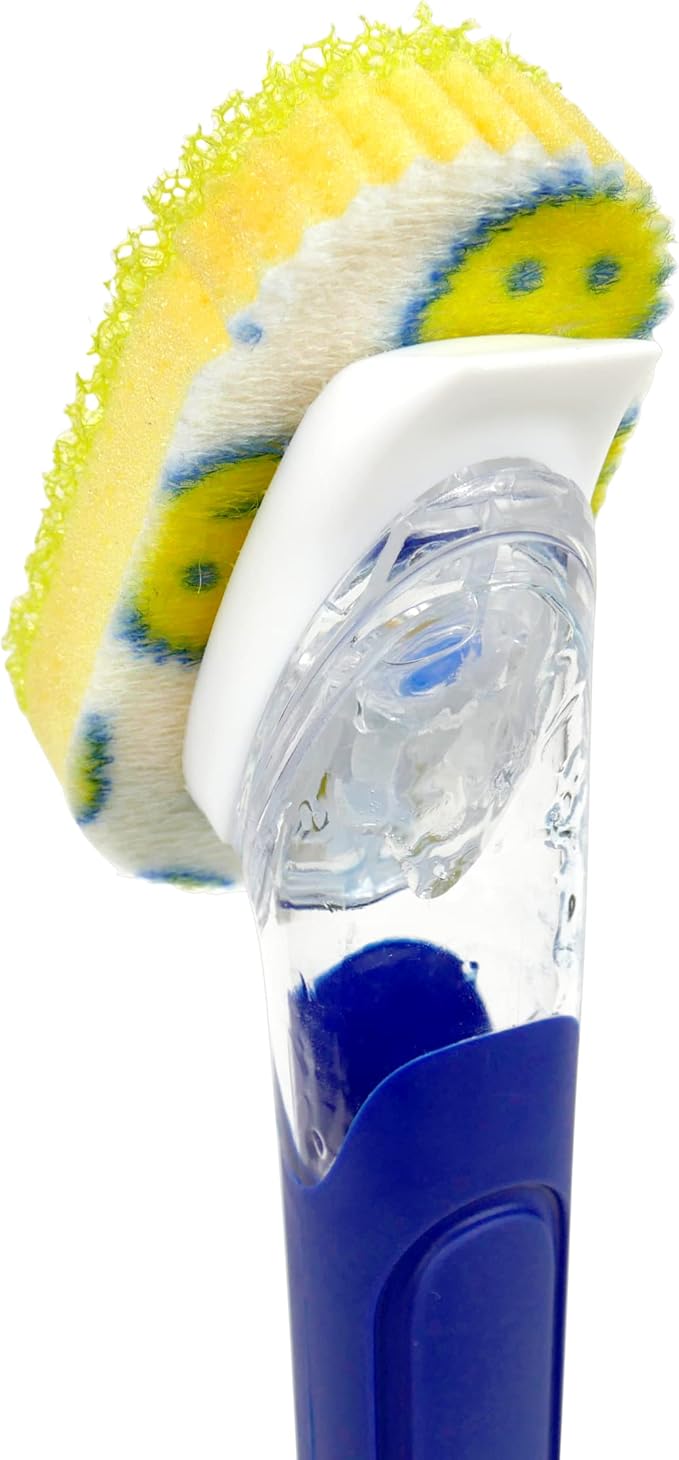 Scrub Daddy Dish Wand Scrubbing Brush with Handle, Soap Dispensing Dish Brushes, Texture Changing Washing Up Sponges With Liquid Dispenser, Scrubber with Scraper & Detachable Head Sponge, Blue