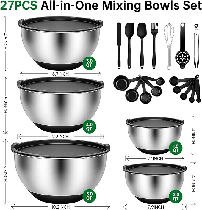 Deedro Premium Mixing Bowls with Airtight Lids Set, 22Pcs Thicker Stainless Steel Mixing Bowl Set, Large Prep Metal Bowls, Non-Slip Silicone Base Nesting Bowls for Kitchen, 1.5/2/3/4/5 QT, Black