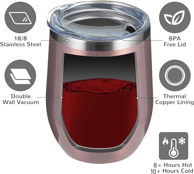 MEWAY 12oz/12 Pack Wine Tumbler Glasses with Lid -Double Wall Vacuum Stainless Steel Travel Tumbler Mug,Stemless Insulated Wine Cup for,Coffee,Cocktails,Gifts (Rose gold,Set of 12)