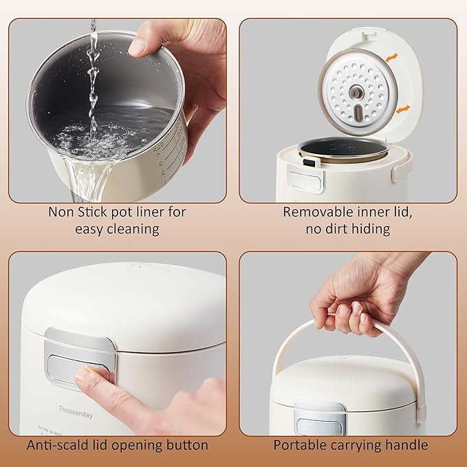 Small Rice Cooker, Mini Rice Cooker 2 Cup Uncooked(4 Cup Cooked), Portable Non-stick Electric Rice Maker, for Dorm Travel Office 1-2 Person, 12 Hours Timer Delay & Keep Warm, Beige