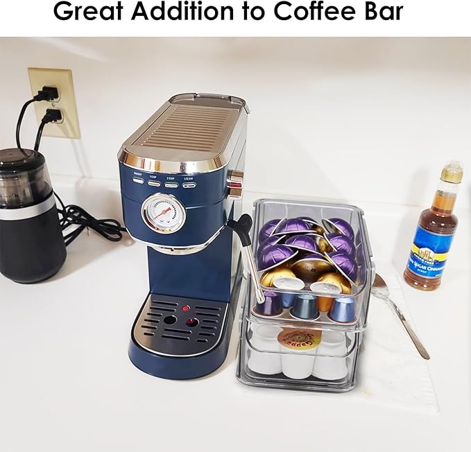 Clear Coffee Pod Holder for Counter, Transparent Coffee Pod Drawer for K Cups, Coffee Pod Storage Organizer Compatible with Nespresso Vertuo 38 Large or 52 Small Pods & Keurig Pods, 2 Tiers