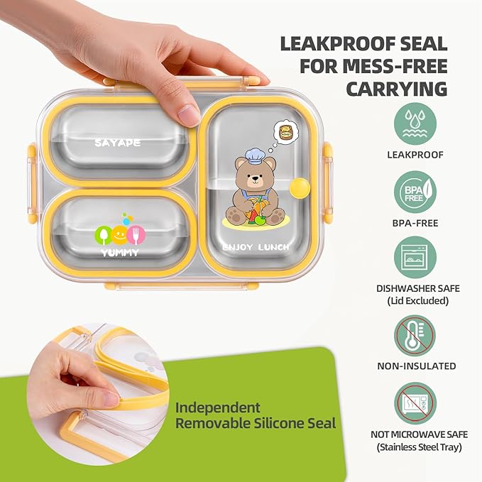 Stainless Steel Bento Lunch Box for Kids, 26.4 oz Leak-Proof 3-Compartment Metal Bento Box, BPA-Free, Cute Cartoon Meal Prep Snack Container with Utensils for School, Office, Travel - Yellow