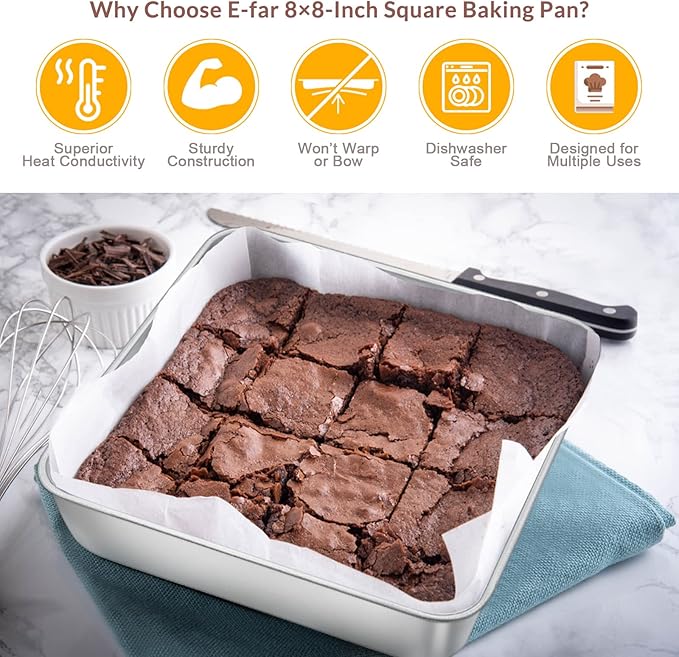 6/8/9-Inch Square Cake Pan Set, E-far Stainless Steel Square Baking Brownie Pans Metal Bakeware Set of 3, Non-toxic & Healthy, Easy Clean & Dishwasher Safe