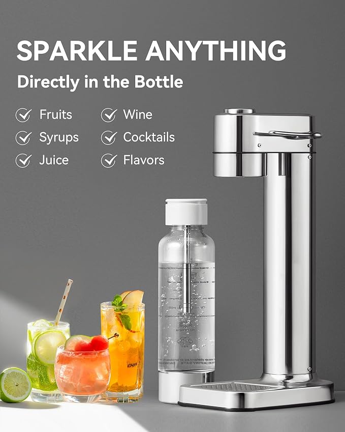 MOKKOM Sparkling Water Maker, Soda Maker with 1L PET Carbonating Bottle, Soda Streaming Machine and Beverage Carbonator, Compatible with 60L CO2 Carbonator (NOT Included) - Stainless Steel