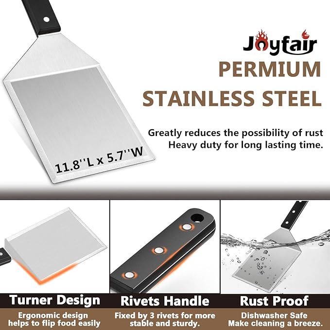 Griddle Accessories Smash Burger Kit (5Pcs), Joyfair Grill Spatula with 9in Melting Dome & Bacon Press Set, Stainless Steel Turner, Basting Cover, Cast Iron Press for Outdoor BBQ (ABS Handle)
