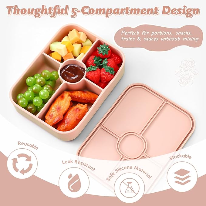 Jingmore 4 Pack Silicone Bento Boxes for Adults, 5 Compartment Reusable Lunch Containers with Sauce Section, Leakproof Meal Prep Snack Box Microwave & Dishwasher Safe for Office(Light Color)