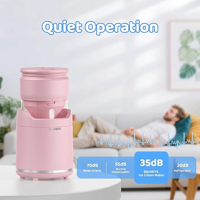 BRIOBITE Ice Cream Maker,Rechargeable Soft Ice Cream Machine with Low Noise,Compact for 1-2 Servings,Perfect for Sorbet,Gelato,Frozen Yogurt,Pink