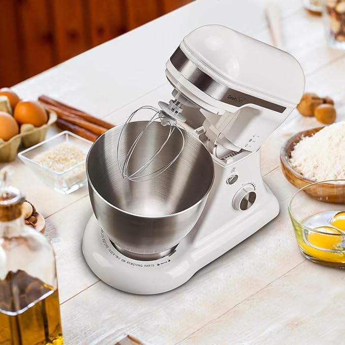 Geek Chef Electric Stand Mixer, 4.8QT 12 Speeds Tilt-head Food Mixer with Dough Hook, Whisk, Beater, Bowl, Rotary Knob for Home Kitchen Use, Silver White