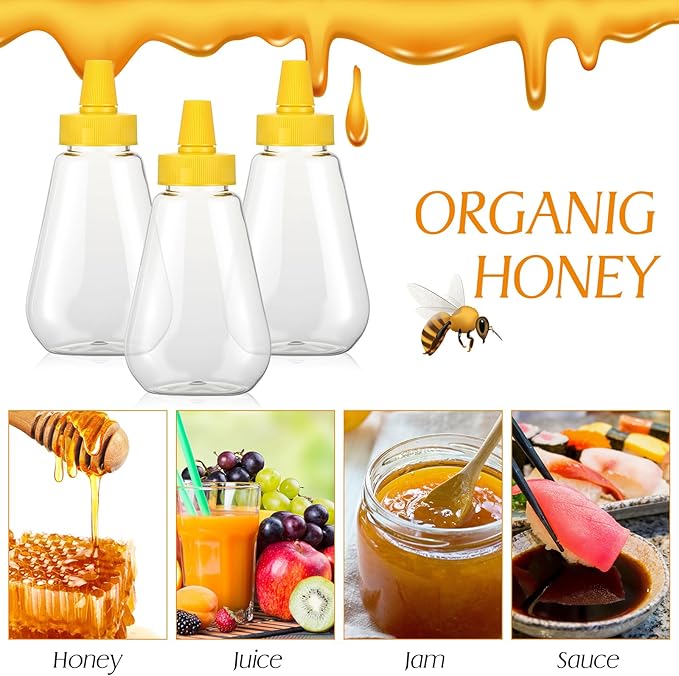 Ziliny 32 Pcs 7 oz Honey Squeeze Bottle Plastic Empty Beehive Bottle Jar with Spout Lid Clear Refillable Honey Containers for Condiment Storing and Dispensing Dispenser (Scalloped)
