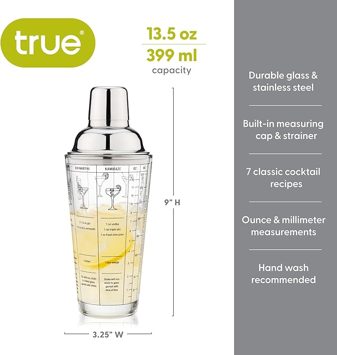 True Glass Cocktail Shaker with 7 Classic Recipes and Measurements for Cold Brew Cocktails, Home Bar Accessories, Bar Tools, Bartender Gifts, Hosting Essentials, 13.5 oz, Set of 1, Clear