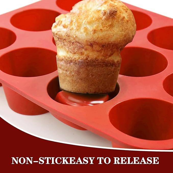 Silicone Muffin Pan, 12-Cup Non-Stick Popover Baking Tray for Muffins, Brownies, Yorkshire Puddings, Red, 12.4 x 9.5 Inch, Set of 2