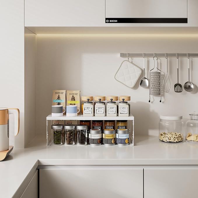 Stackable Expandable Metal Shelf Organizer - Adjustable Wire Storage Rack with Holes for Kitchen, Bathroom, Cabinet, Office - Space Saving, Durable & Sturdy Design（1PACK/Medium/White