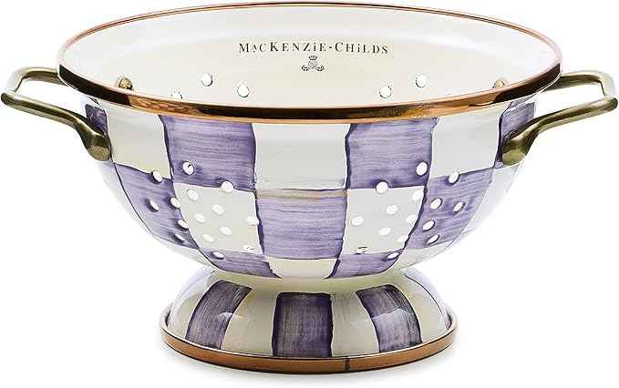 MACKENZIE-CHILDS Enamel Colander, Decorative Kitchen Strainer, Small, Purple-and-White Violet Check