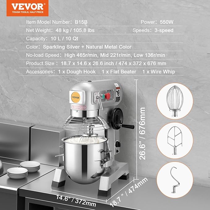 VEVOR Commercial Food Mixer, 15Qt Capacity with Timer, 500W Stainless Bowl Durable Electric Mixer for Commercial Use, 3 Speed Options 113/184/341 RPM, Includes Dough Hook & Whisk