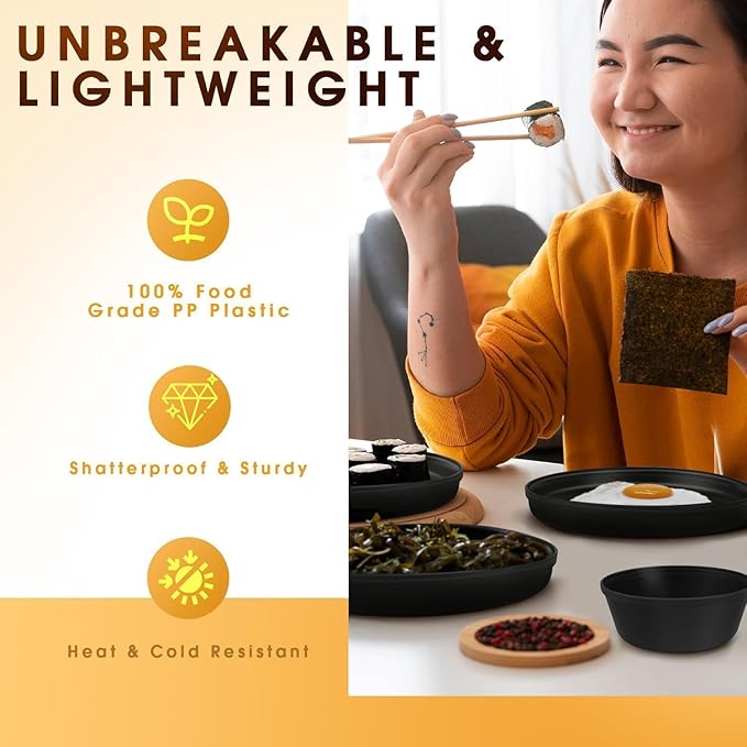 40 Piece Plastic Dinnerware Set for 8 with Cutlery, Unbreakable Plates and Bowls Set, Dishwasher & Microwave Safe Reusable Dish Set for Camping, RV, Outdoor Kitchen, Apartment Dining, Black