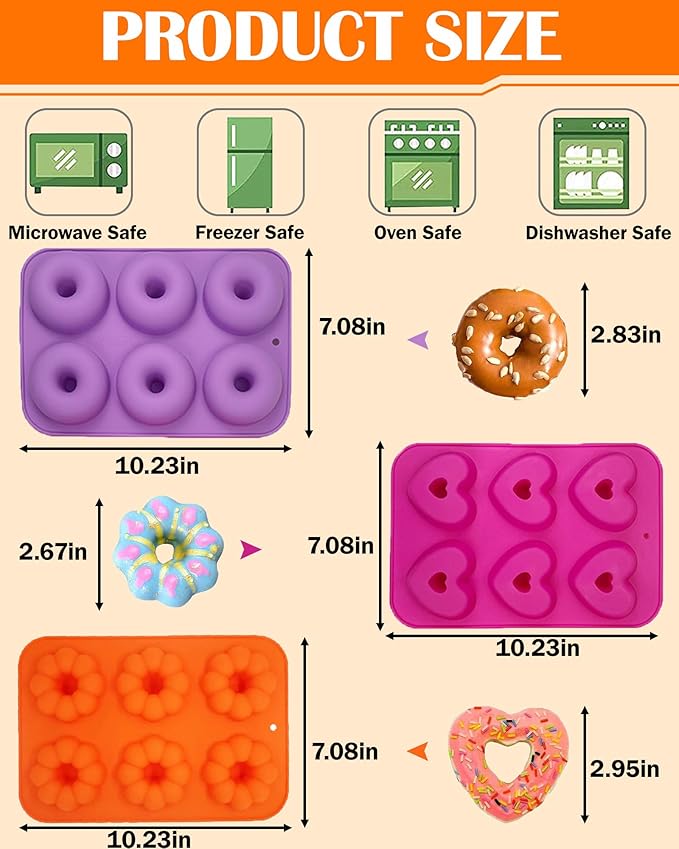 Silicone Donut Pan 3pcs Non-Stick Doughnuts Baking Pans for Donuts, 6 Cavity Heritage Bundtlette Cake Silicone Mold for Baking (Orange+Pink+Purple)