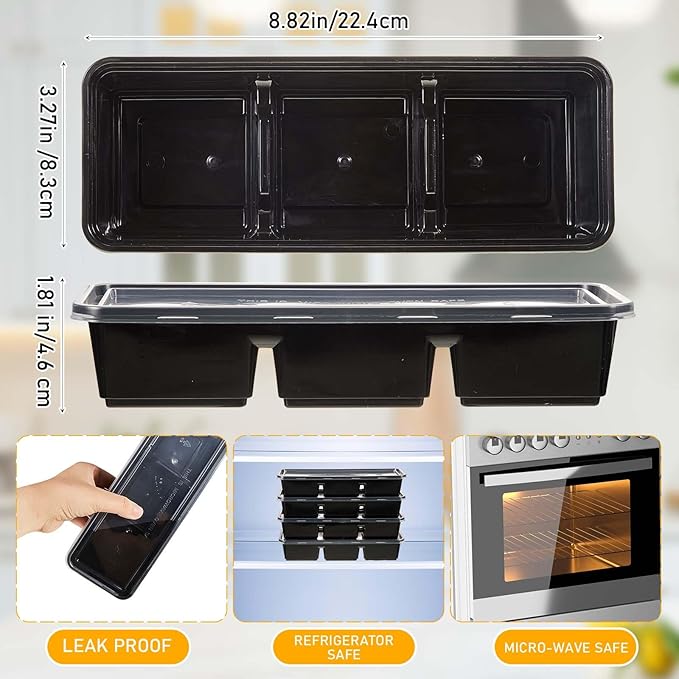 Hushee 75 Pack 17 oz Small Meal Prep Containers with 3 Compartments Snack Containers with Lid Disposable Plastic Bento Box Travel Lunch Food Boxes Stackable for Office Picnic (Black)