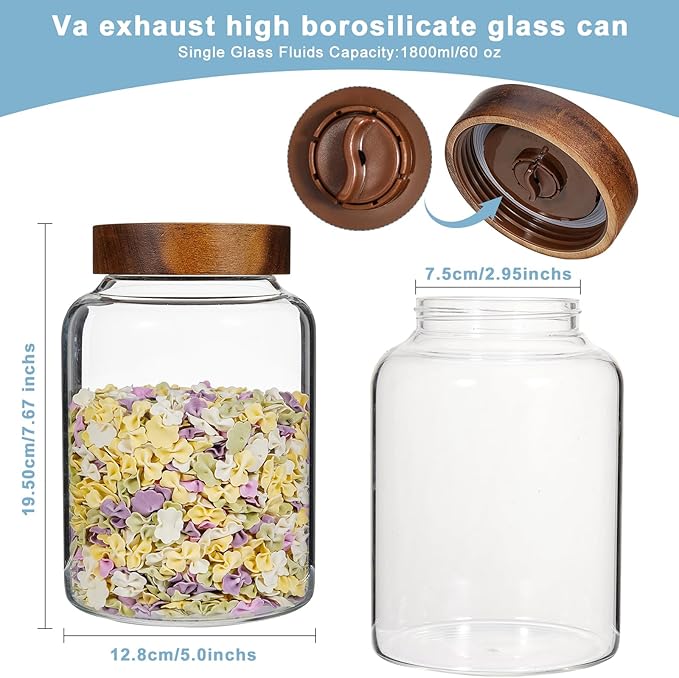 Glass Spice Jars Seasoning Containers Small Glass Jars with Lids Airtight Food Storage Canister for Kitchen Pantry Sugar Tea Coffee Bean Nuts Cookies Herbs Salt (60oz(1800ml)*1 pack)