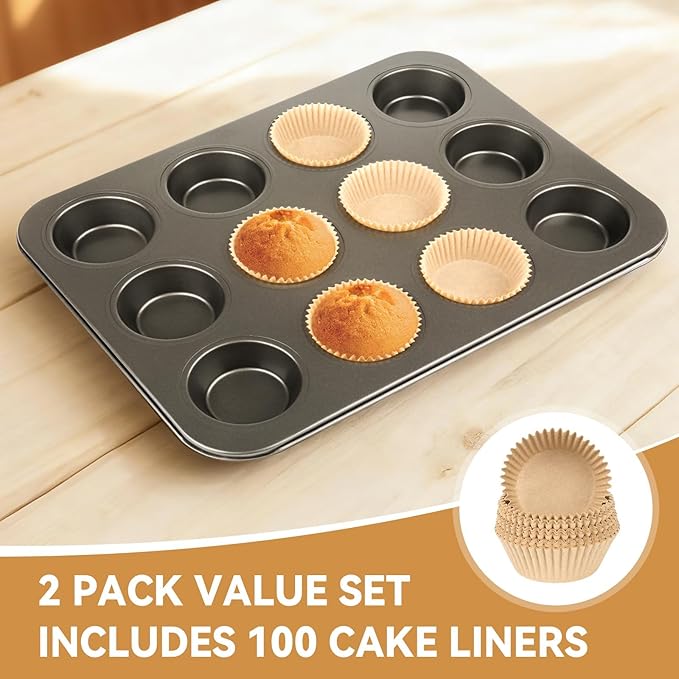Artcochan 2 Pack Muffin Pan with 100 Cupcake Liners, 12 Cup Nonstick Cupcake Pan for Baking, Carbon Steel Baking Supplies Muffin Tin