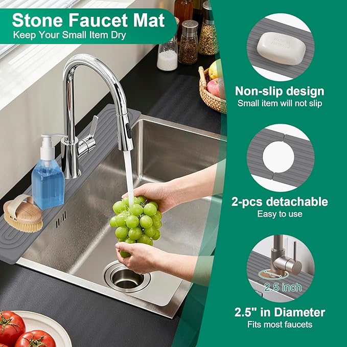 Stone Drying Mat for Kitchen Counter, 24"x16" Water Absorbing Dish Drying Mat with 24"x4" Faucet Mat for Kitchen Sink, Diatomaceous Earth Quick Dry Stone Mats for Dishes Bottles Cups (Dark Gray)