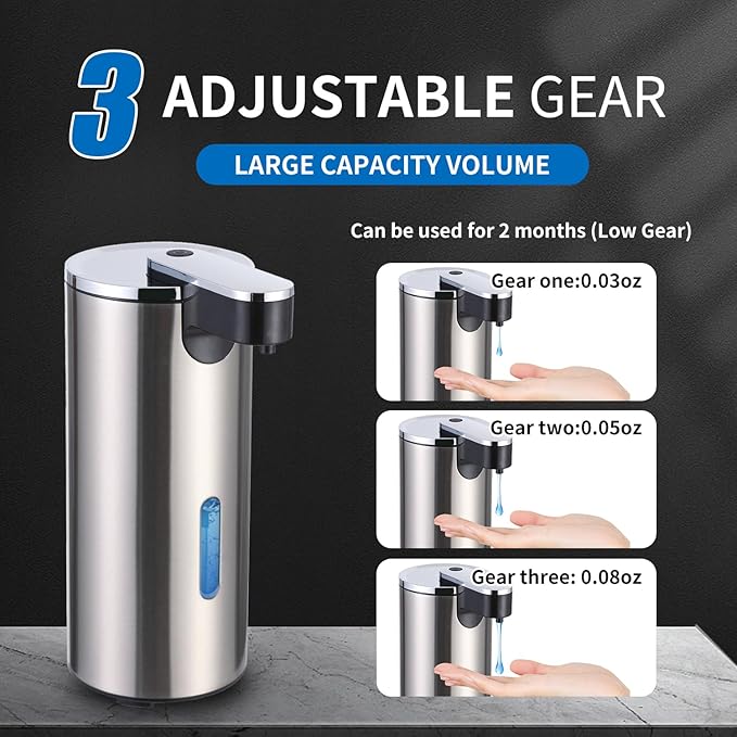 Automatic Soap Dispenser, Automatic Soap Dispenser Touchless, Kitchen & Bathroom, 3 Adjustable Volume for Liquid Soap, Water-Resistant, Hotel, Restaurant and School, Clog-Free, Stainless Steel