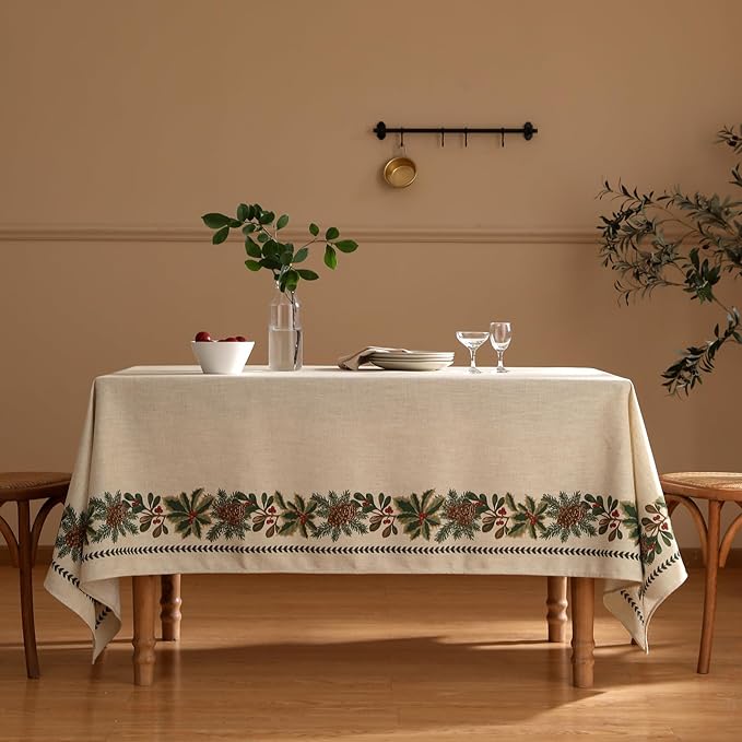 ISAENNE Designer Christmas Linen Table Cloth for Rectangle Table,Light Beige Western Tablecloth,Wrinkle Resistant Decor Tablecloths for Dining Thanksgiving Kitchen Christmas,55"*79"-Carol G