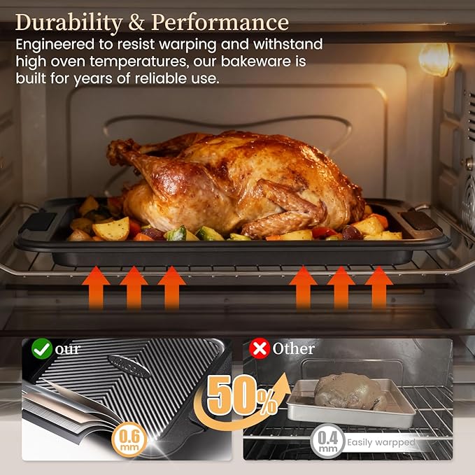 Kikcoin 25 PCS Stackable Baking Pans Set, Non-stick Bakeware Sets with Silicone Handles, 450°F Oven Safe Cookie Sheets for Baking, Easy Release Heavy-duty Baking Sheets Non Stick, Black