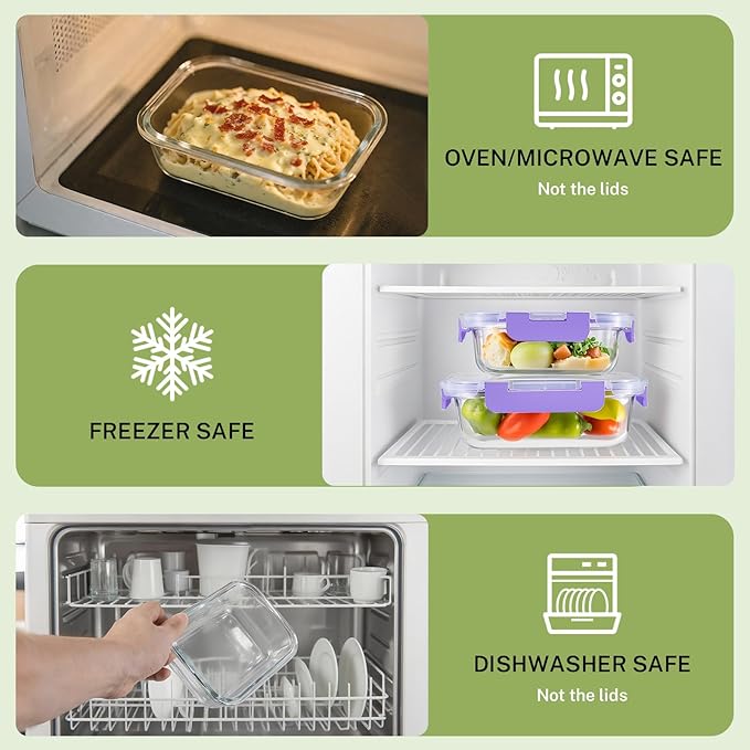 HOMBERKING 8 Pack Glass Food Storage Containers with Lids, Meal Prep Containers, Airtight Bento Boxes with Leak Proof Locking for Microwave, Oven, Freezer and Dishwasher, BPA Free, 5-35oz, purple