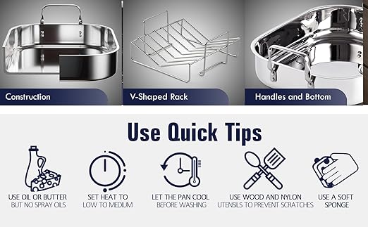 Cooks Standard Stainless Steel Roaster Pan with V-Shaped Rack, Inner 14-Inch x 11-Inch; Edge 15-Inch x 12-Inch; Turkey Roasting Pan Bakeware for Oven, Rectangular
