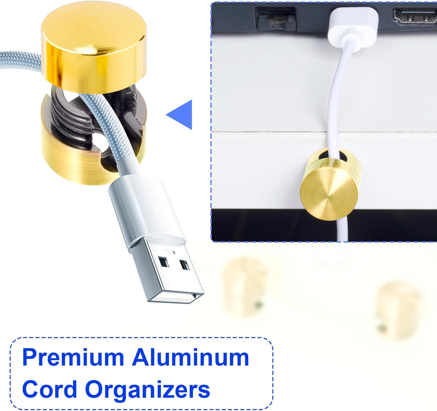 4 Sets Charger Holders for Cords, Gold Color Adjustable Cable Anchor Holders, Adhesive Metal Cord Clips, Cable Management Wire Organizers for Desk, Office, Nightstand