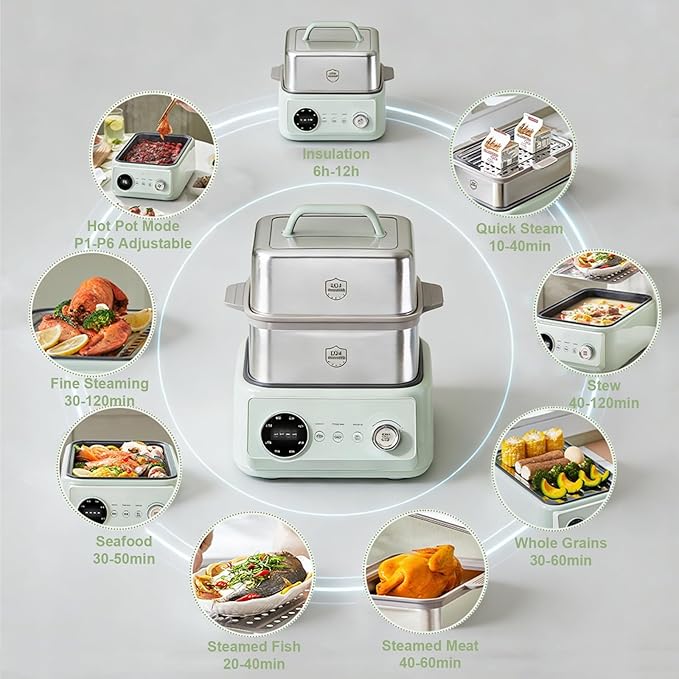 13.6Qt 2-Tier Electric Food Steamer, 8 Modes, Dry Protection, 24h Reservation and Timer, 4-8 Servings, Stainless Steel Electric Steamer for Vegetable Seafood (Green)