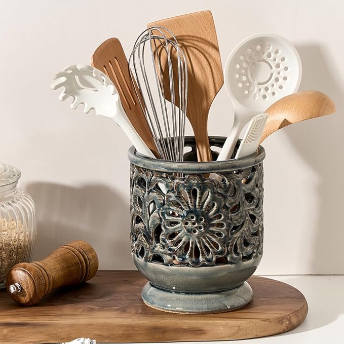 Farmhouse Kitchen Utensil Holder for Countertop, Ceramic Large Cooking Utensil Crock with Cork Mat, Decorative Rustic Utensil Holder for Kitchen Counter, Hollow Carving Flower, Gray