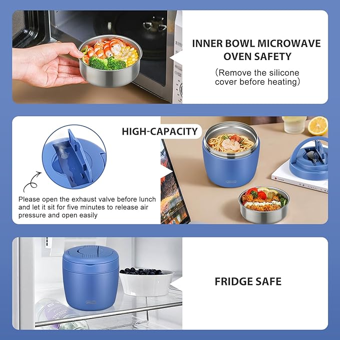 wiwens Thermo Food Jar for Hot Food Adults 32OZ Soup Thermo Lunch Containers Wide Mouth Vacuum Insulated Stainless Steel Leakproof Bento Box with Spoon (Blue)