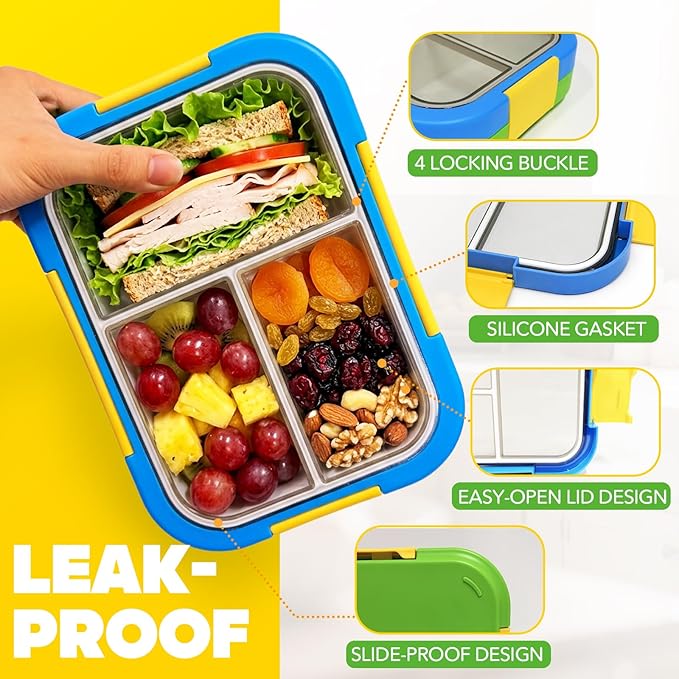 EASYFUN Bento Box Adult, Lunch Box, 3-Compartment Lunch Containers, Drop-Proof, Dishwasher Safe & Made with BPA-Free Materials (Blue green)