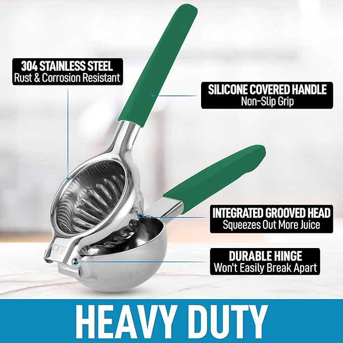 Zulay Kitchen Lemon Squeezer Stainless Steel with Premium Heavy Duty Solid Metal Squeezer Bowl and Food Grade Silicone Handles - Large Manual Citrus Press Juicer and SS Lime Squeezer (Green)