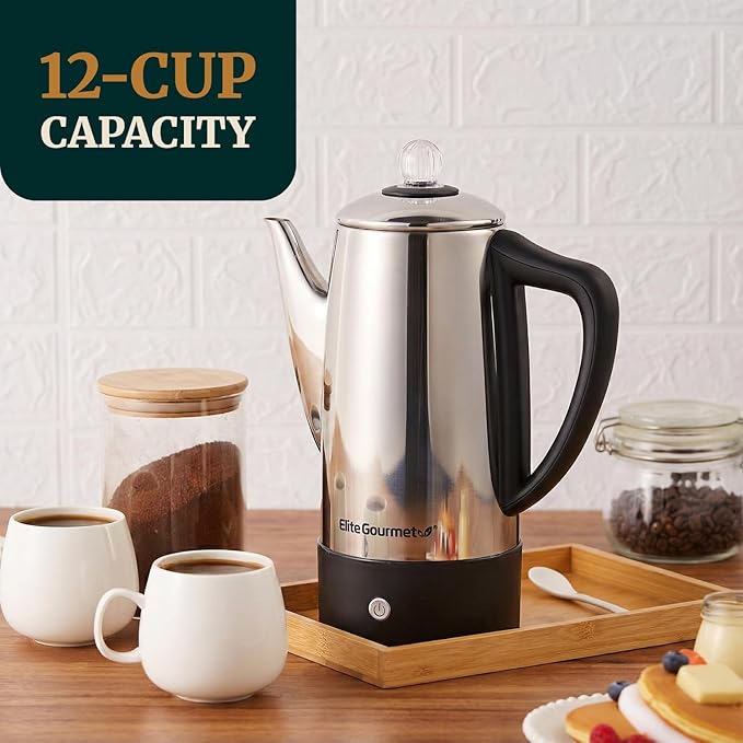 Elite Gourmet EC812 Electric 12-Cup Coffee Percolator with Keep Warm, Clear Brew Progress Knob Cool-Touch Handle Cord-less Serve, Stainless Steel