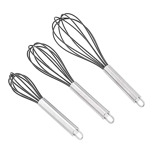 Amazon Basics Stainless Steel and Silicone Non-Stick Coated Whisk Set, 8", 10", and 12", Pack of 3, Black