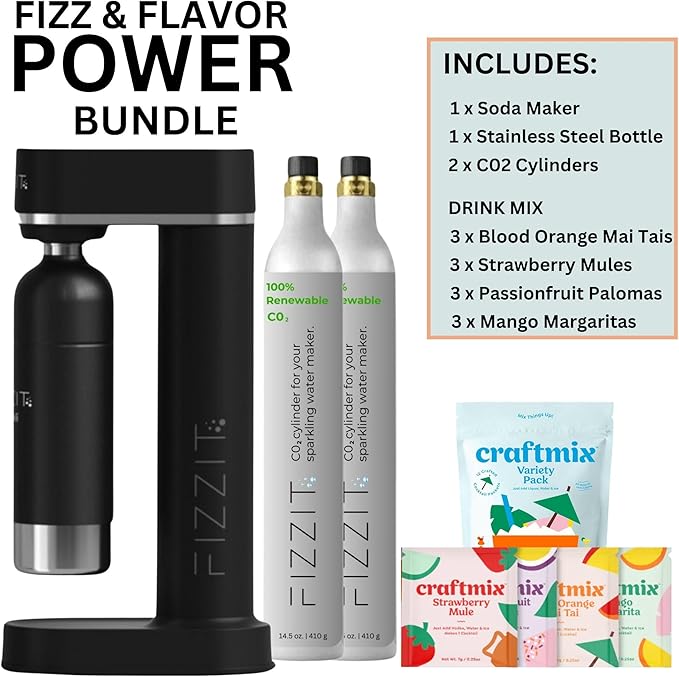 FIZZIT Fizz & Flavor Power Bundle | Soda Maker with 12-Flavor Drink Mix Variety Pack & 2 CO? Cylinders | Customizable Carbonation, Eco-Friendly, No Electricity Needed