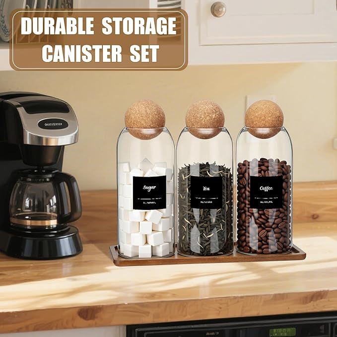 Suclain 3 Pcs Glass Coffee Storage Jar with Ball Cork Lid Wooden Spoon Shelf Labels Airtight Round Bottle Jar Food Storage Canister Set for Sugar Spice Coffee Bean Holder Candy Gift(41 oz)