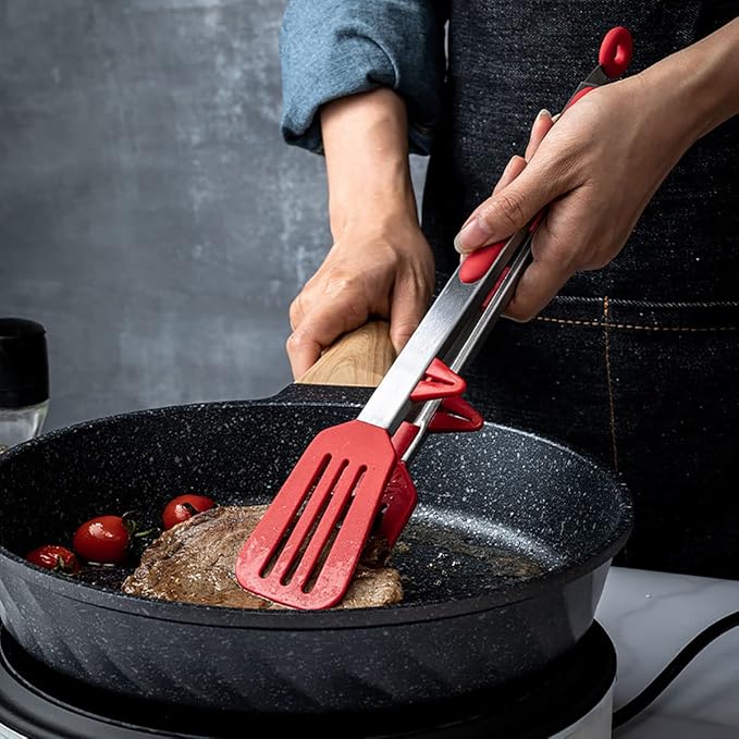 Silicone Tip Kitchen Tongs - 9 & 12 Inch with Locking Handle, Heat Resistant Stainless Steel for Grilling, Serving, BBQ, Non-Stick Pans (Black & Red)