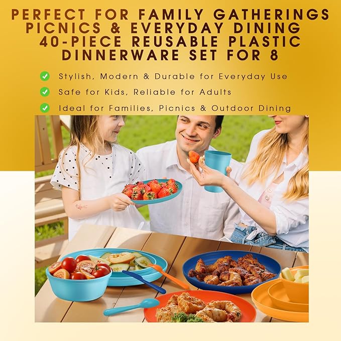 40 Piece Plastic Dinnerware Set for 8 with Cutlery, Unbreakable Plates and Bowls Set, Dishwasher & Microwave Safe Reusable Dish Set for Camping, RV, Outdoor Kitchen, Apartment Dining,Tropic Multicolor