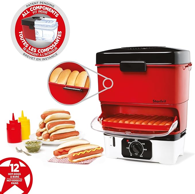 Starfrit Electric Hot Dog Steamer - Steams up to 12 Hot-Dogs - Nestable Components for Easy Storage