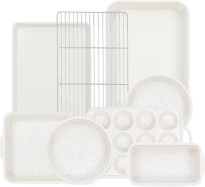 8 Pcs Baking Pans Set, Silicone Bakeware Sets with Metal Reinforced Frame, Nonstick Stackable Carbon Steel Non Toxic Baking Sets for Cooking (Cream)