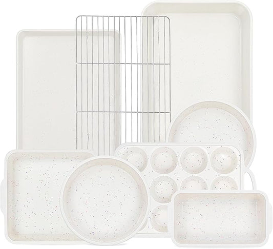 8 Pcs Baking Pans Set, Silicone Bakeware Sets with Metal Reinforced Frame, Nonstick Stackable Carbon Steel Non Toxic Baking Sets for Cooking (Cream)
