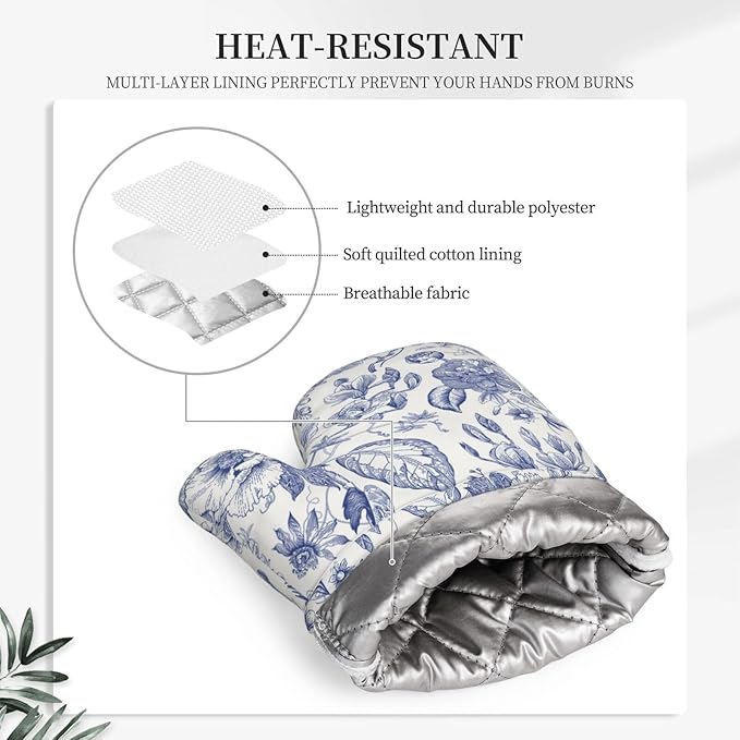 Vintage Flower Blue and White Leaves Oven Mitts and Pot Holders Sets of 4, Heat Resistant Silicone Oven Mittens and Potholders Gloves Hot Pads for Kitchen Cooking Baking Grilling BBQ Chef